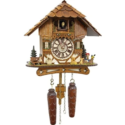 Image of Cuckoo Palace German Clock Blackforest Hillside Chalet with wonderful animals quartz movement 10 1/4 inches height