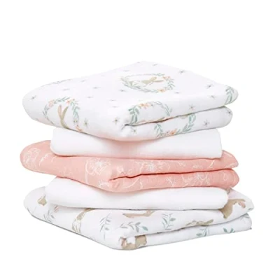 Image of aden + anais Musy Squares blushing bunnies, Pack of 5 Large 100% Cotton Muslin Cloth Soft &amp; Lightweight Unisex Baby Essentials Cloths for Newborn Girls Boys Ideal