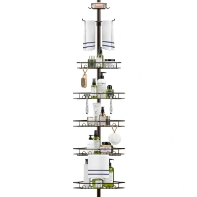 Image of Mutool 7 Tier Adjustable Corner Shower Shelf, Telescopic Caddy with Soap and Towel rack, No Drilling Bathroom Storage Organizer for Shampoo Accessories, Bronze