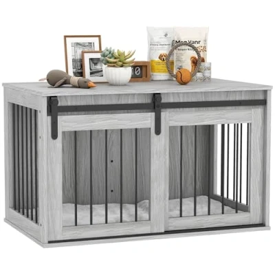 Image of PawHut Dog Crate Furniture, House Furniture Style for Large Dogs, Kennel with Removable Cushion Indoor Use, 98 x 58 61cm, Grey