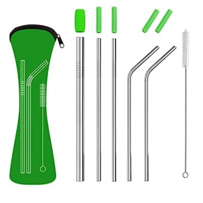 Image of Reusable Metal Drinking Straws Set, Food Grade 304 Stainless Steel with Soft Silicone Tips for Smoothie and Hot/Cold Drinks, Storage Pouch Cleaning Brush Include