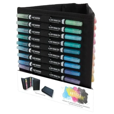 Image of DOCRAFTS ARTISTE Watercolour Dual Tip Pens and Caddy with Brush fine Tips (Pack of 36), Multi
