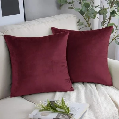 Image of YORKSHIRE BEDDING Cushion Covers 45 x (Pack of 2) Velvet Square Throw Pillow Cases Decorative Soft Cover for Sofa Bedroom with Invisible Zipper (Burgundy, 18 Inch (Plain))