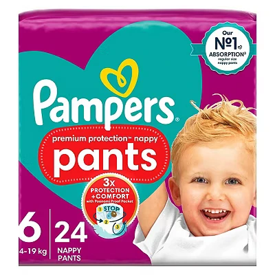 Image of Pampers Premium Protection Nappy Pants Size 6, 24 Nappies, 15kg+, Essential Pack