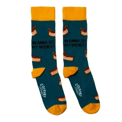 Image of Cockney Spaniel WANNA SEE MY WIENER 1 Pair of Matching Socks UK 6 11 EUR 39 46 US 7 12 (Cotton, Navy)
