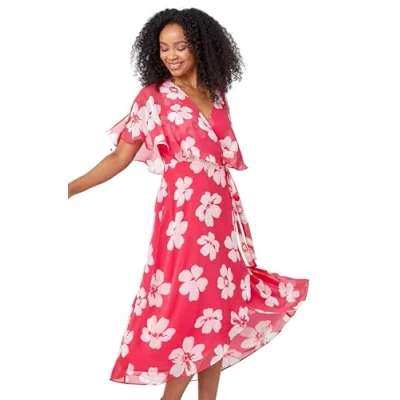 Image of Roman Originals Frill Dress for Women UK Ladies Summer Wrap Chiffon Hem Layered Belted Midi Maxi Tiered Cape Special Occasion Fit &amp; Flare Wedding Guest Swing Skater Coral Size 14