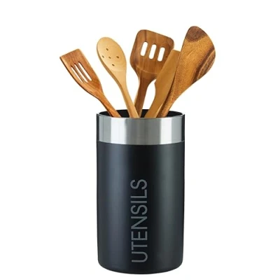Image of Premier Housewares Black Utensil Holder &amp; Organiser Chrome Kitchen Sturdy Cutlery Cylindrical Organiser, Storage Container, Spoon