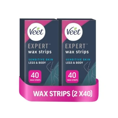 Image of Veet Expert Cold Wax Strips, Hair Removal, Legs &amp; Body, Sensitive Skin, 40 Strips each, 4 Finish Wipes, with Almond Oil, Pack of 2