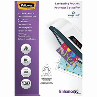 Image of Fellowes® Enhance Laminating Film A5 Glossy 80 Mym Pack of 100
