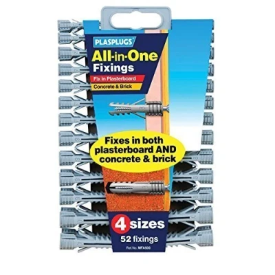 Image of All in One Multi Purpose Fix Use Assorted Size Wall Plugs Heavy Duty Raw Rawl Plug Fixings Brick Stone Cement Concrete Hollow Cavity Partition Partitioning Drywall Professional Hanging Clamps Screw Fixing Different Sizes Pack of 52