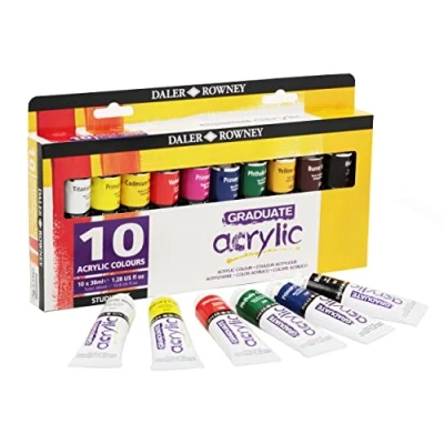 Image of Daler Rowney Graduate 38ml Acrylic Paint Set, 10 Assorted Colours, High Lightfastness, Water Based, Solvent Free, Ideal for Student Artists &amp; Hobbyists