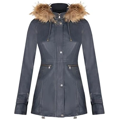 Image of Women&#039;s Navy Blue Warm Leather Jacket Detachable Hooded Parker Trench Coat 5XL