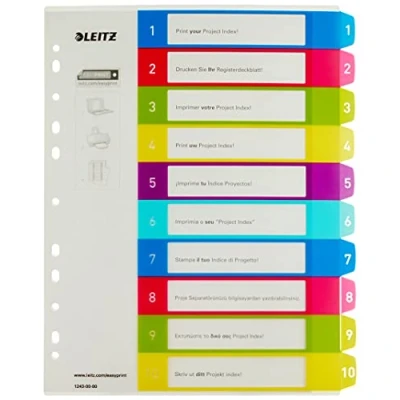 Image of Leitz A4 12430000 WOW 1 10 Index, PC Printable, Extra Wide, Heavy Duty Plastic, Multicolour
