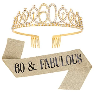 Image of SUSSURRO &quot;60 and Fabulous Sash Rhinestone Tiara Set,60th Birthday Gifts for Women Party Supplies( Gold)