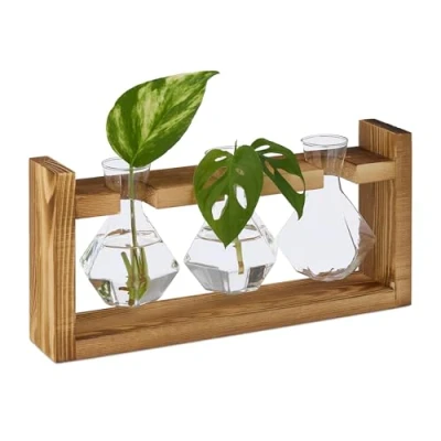 Image of Relaxdays Plant Propagation Station, Geometric Glass Vases with Stand, Cuttings, Hydroponic, 13x28x6.5 cm, Clear/Brown, Wood