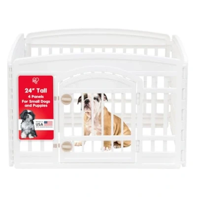 Image of IRIS USA 24&quot; Exercise 4 Panel Pet Playpen with Door,Puppy Playpen, for Puppies and Small Dogs, Keep Pets Secure, Easy Assemble, Fold It Down, Storing, Customizable, White
