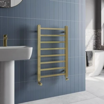 Image of Solaro® 800 x 500mm Square Bar Straight Heated Towel Rail Radiator Modern Central Heating Bathroom Warmer Wall Mounted Ladder Rad, Brushed Brass