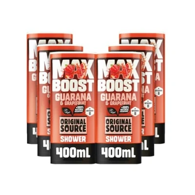 Image of Original Source MAX BOOST Guarana &amp; Grapefruit Shower Gel with 100% Natural Fragrance, Vegan Gel, Paraben Free Body Wash, Multipack of 6 x 400ml