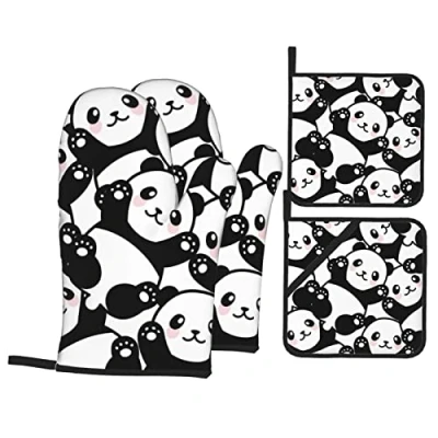 Image of Panda Printed Oven Mitts And Pot Holders Sets Of 4 Heat Resistant Non Slip Gloves For Kitchen Cooking Baking Bbq