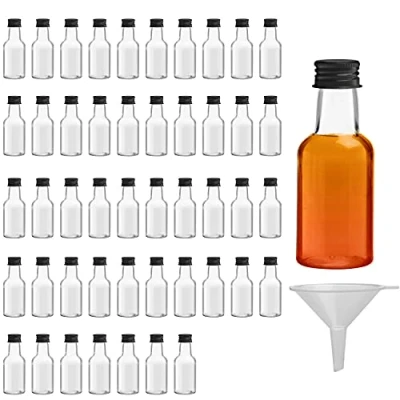 Image of BELLE VOUS Mini Shot Bottles with Caps (48 Pack) 25ml Plastic Wine Lids Miniature for Alcohol Whiskey/Tequila Sample Liquor Party Favors