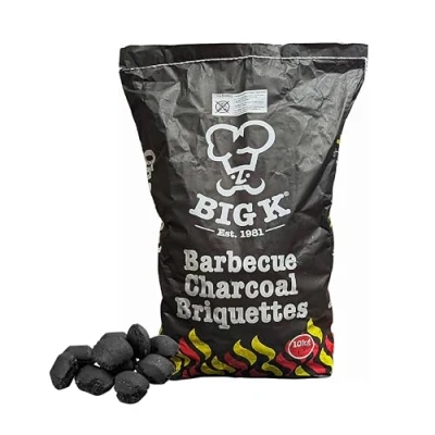 Image of Big K Charcoal BBQ Grill Bundle 10kg Barbecue Briquettes Bag &amp; Homefire Twizlers Wood Wool Firelighters 300g with Topline Card for Barbeque Grill, Camping BBQs or Fishing.