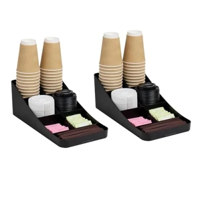 Image of Mind Reader 2COMP7 BLK 7 Compartment Coffee Cup and Condiment Dispenser, Countertop Organizer, Set of 2, 15.5&quot; L x 7.25&quot; W 5.25&quot; H, Plastic, Black