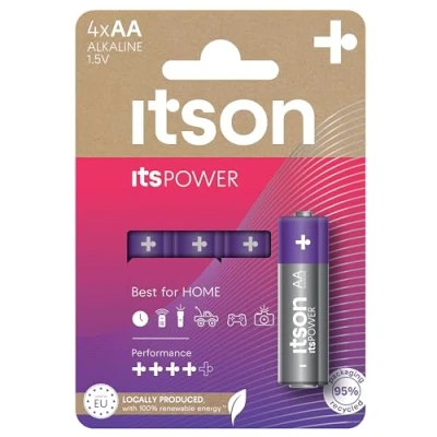 Image of ITSON, AA batteries, pack of 4, eco friendly packaging 95 Percentage recycled materials, for clocks, torches, remote controls, made in EU