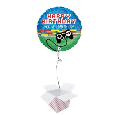 Image of Game Controller Birthday Holographic Round Foil Helium Balloon Inflated in a Box