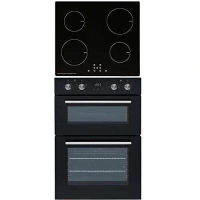 Image of SIA DO102 60cm Black Built In Double Electric Fan Oven With Digital Timer &amp; INDH60BL 4 Zone Touch Control Induction Hob Child Lock