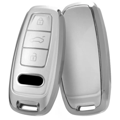 Image of OATSBASF Key Case Suitable for Audi, Car A6L A6 A7 A8 Q7 Q8 E Tron 2019 2020, Silicone TPU Protective Case,Silver Edge LS
