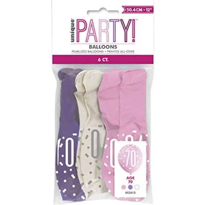 Image of Vibrant 70th Glitz Petal Pink, Spring Lavender &amp; White Latex Balloons (30cm) Perfect for Birthday, Party Decor More 6ct