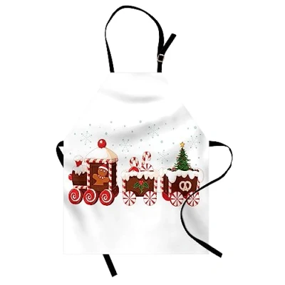 Image of ABAKUHAUS Christmas Apron, Gingerbread Train, Unisex Kitchen Bib Apron with Adjustable Neck for Cooking Baking Gardening, Brown Vermilion