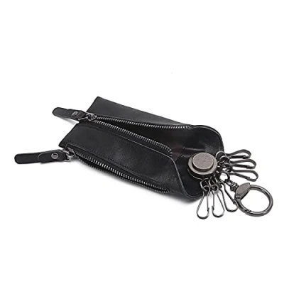 Image of Contacts Genuine Leather Key Case with 6 Hooks,Key Chain Wallet Purse Zip Pocket,Multi Functional Zipper for Men/Women