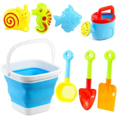 Image of The Magic Toy Shop Portable Beach Playset Including Foldable Bucket Rake and Shovel Perfect for Sandcastle Building Fun