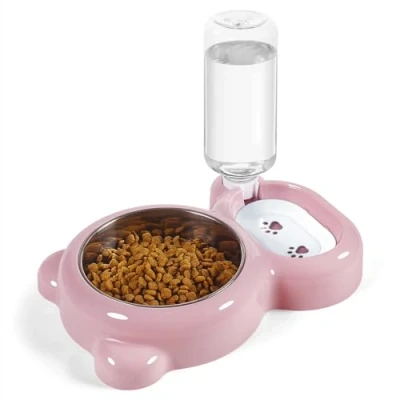 Image of Dog Bowls, Cat Food and Water Bowl Set with Dispenser Stainless Steel for Cats Small Dogs Pink