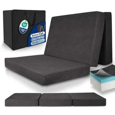 Image of Beautissu Premium XXL Folding mattress 140x200 cm guest bed extra thick 14cm visco foam hardness H3 high sleeping comfort, washable foldable easy transport anthracite