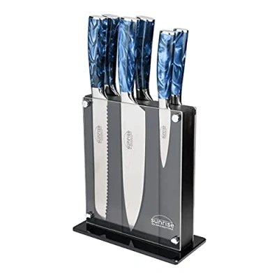 Image of Rockingham Forge Sunrise Collection 7 Piece Kitchen Knife Set, Premium Stainless Steel with Resin Handles Chef’s Knife, Carving Bread Boning Utility Paring