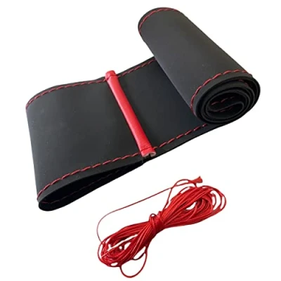 Image of LB104 Steering Wheel Cover 37 39 cm for Lacing Black Alcantara with Red Stitching