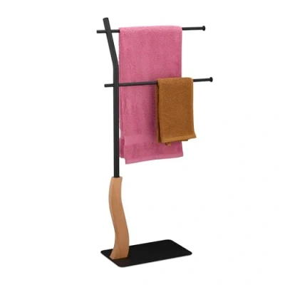 Image of Relaxdays Holder, 2 Bars, Free Standing, for Hand &amp; Bath, Bathroom Towel Rail, Steel MDF, Black/Natural, 92.5 x 47 20 cm