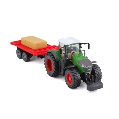 Image of Bburago B18 31674 Die Cast FENDT 1050 Vario Tractor with Workiing Bale Trailer Vehicle, Green