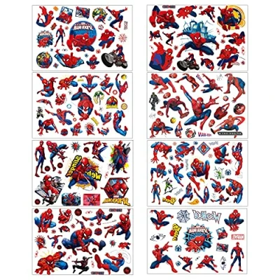 Image of 8 Sheets Spider Man Temporary Tattoo Set, 200+pcs Spiderman Fake Waterproof Sticker for Kids Boy Girl Teens Birthday Party Bags Fillers Favors Supplies Gifts