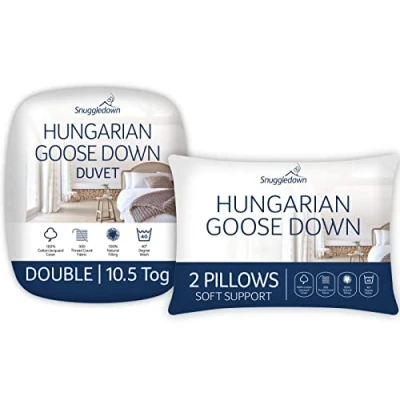 Image of Snuggledown Hungarian Goose Down Double Duvet 10.5 Tog All Year Round Premium Quilt Ideal for Summer &amp; Winter, 2 Soft Pillows Jacquard Cotton Cover, Machine Washable, Size (200cm x 200cm)