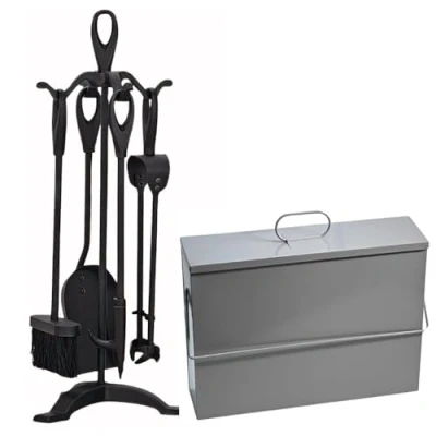 Image of Trendi Fireside Ash Carrier Metal Hot Tidy Box Container/15L Bucket with Lid Fireplace Pan Bin 5 Piece Cast Iron Loop Design Companion Set (Companion + Grey Box)