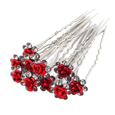 Image of Gemini_mall® 10 x Rose Flower Rhinestone Hair Pins Party Prom Wedding Bridal Bridesmaid Clips (Red)