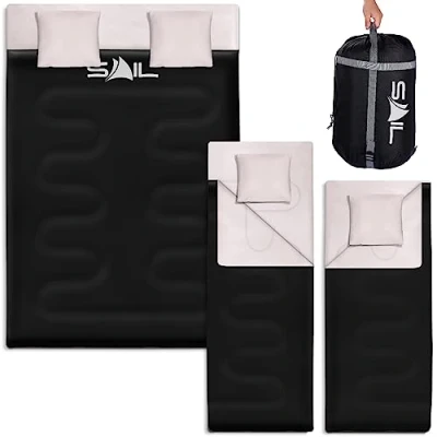 Image of SAIL Double Sleeping Bag with 2 Pillows Extra Large 3 4 Season Lightweight,Waterproof Indoor &amp; Outdoor Use for Adults Hiking, Backpacking and Camping Black