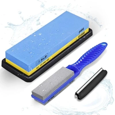 Image of S&amp;R Whetstone Sharpening Stone 4 Pcs.: 2 Sided Grinding Sharpener Grit 400/1000, with Silicone Holder, Angle Guide and Portable 120/240, 100% Corundum