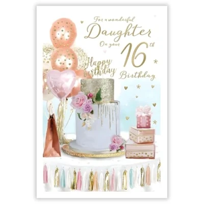 Image of Daughter 16th Birthday Card Age 16 Wonderful Special Finishes Feminine Cake and Balloons Design Illustrated Insert Leaf Made in the UK