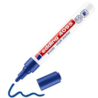 Image of edding 4095 chalk marker blue 1 pen round nib 2 3 mm medium wet wipe for chalkboards, windows, glass, mirrors liquid pens opaque coverage