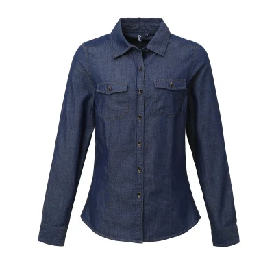 Image of Premier Womens/Ladies Stitch Shirt (Indigo Denim) Indigo Blue Cotton Size Medium