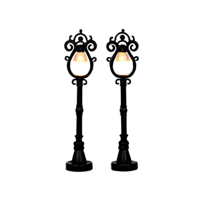 Image of Lemax Black Parisian Style Street Lamps With Light Yellow Pack Of 2pcs. Powered By 3 Aa Batteries 1.5 v